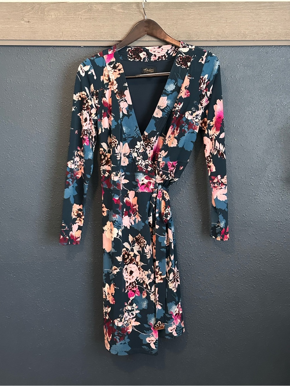 Thalia Sodi Teal Floral Long Sleeve Wrap Dress with Pink Accents